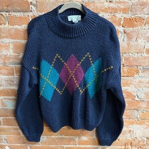 VTG Jamie Scott Hand Knit Argyle Sweater Mock Neck Pullover Navy Teal Purple